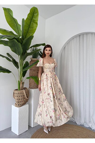 YURELİ Korsajlı Kare Yaka Uzun Elbise