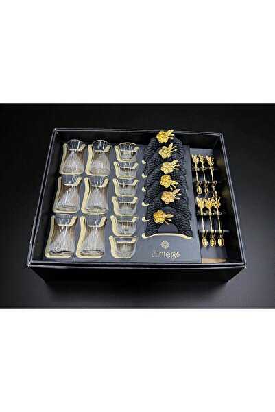 moontime alaçatı Şık Çeyizlik Çay Takımı Seti, Cam Sunumluk ve Metal Çay Kaşı...