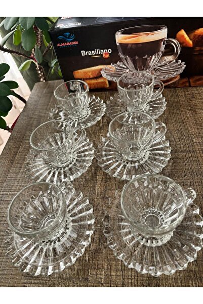 moontime alaçatı 6 Kişilik 12 Parça T Lüx Cam Kahve Fincan Takımı, Kulplu 110 ml