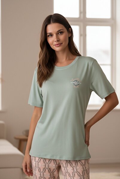 PİJAPİA Women's Short Sleeve Stretch Fabric Pajama Set Green