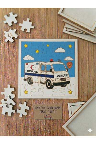 Hobiuniverse Çocuklar İçin 25 Parça Boyanabilir Ahşap Ambulance Puzzle Seti B...