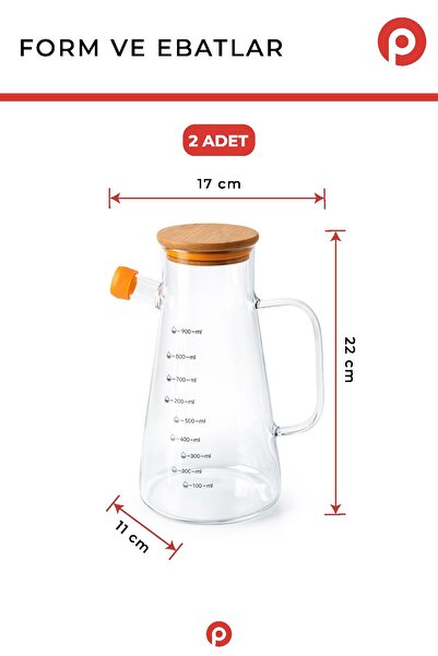 Pazarika 2'li Bambu Kapaklı Borosilikat Cam Yağdanlık Seti 900 ml - Akıtmaz Cam Yağlık Sirkelik Seti