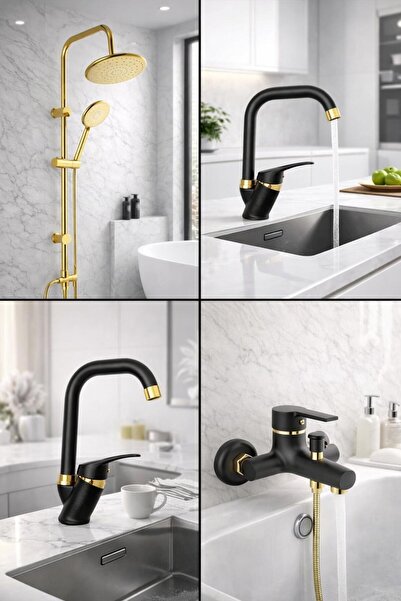 özgürce Modern Siyah Gold Kare Robot Seti, Banyo ve Mutfak Çeşmesi 4’lü Set