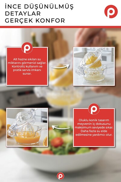 Pazarika Hazneli Limon ve Portakal Sıkacağı - Şeffaf Narenciye Sıkma Aparatı