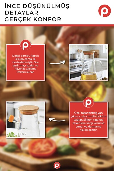 Pazarika Bambu Kapaklı Borosilikat Cam Yağdanlık 900 ml - Isıya Dayanıklı Akıtmaz Cam Yağlık Sirkelik