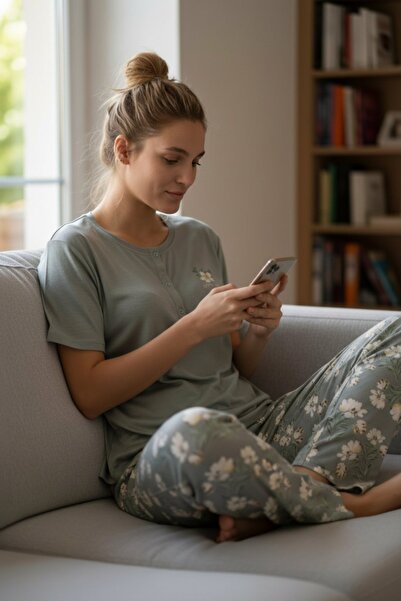 PİJAPİA Women's Short Sleeve Stretch Fabric Buttoned Collar Pajamas Set Green