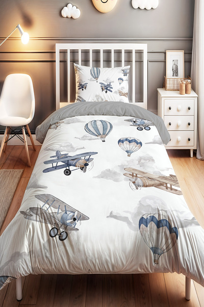 EVPANYA Gökyüzü Macerası Desenli Tek Kişilik Bebek Çocuk Nevresim Seti