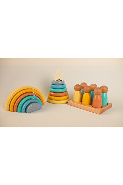 Zyt Tasarım Wooden Ring Tower Rainbow Peg Doll Mini Size Matching Set of 6