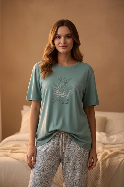 PİJAPİA Women's Short Sleeve Stretch Fabric Pajama Set Mint