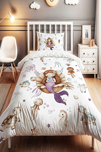 EVPANYA مجموعة غطاء لحاف للأطفال من ميرميد تيلز منقوش مفرد