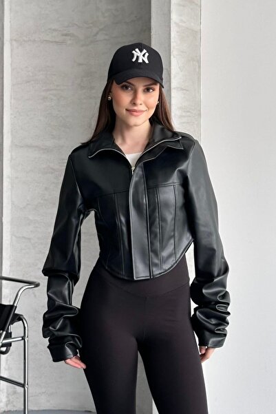 gm giyimarket Women's New Season Corset Detailed Cropped Leather Jacket