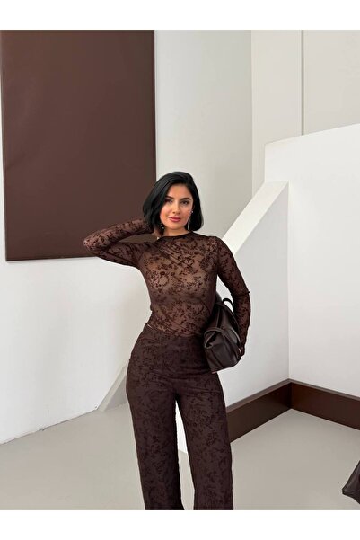 EVOA Women's Coffee Floral Print Sheer Tulle Blouse and Lined Pants Set