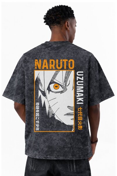 SEVBANO Tricou unisex oversize cu imprimeu anime Naruto Uzumaki, spălat în st...