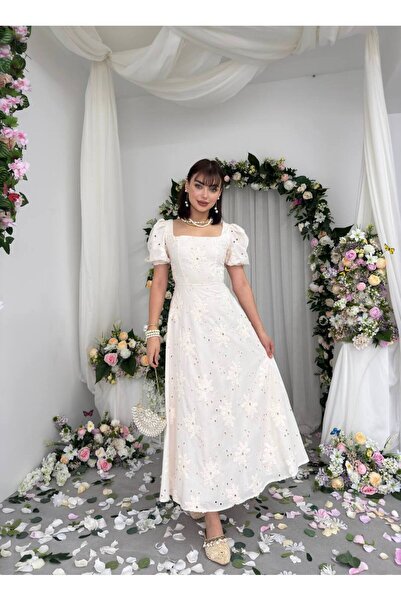 YURELİ Brode Kumaş Kısa Kollu Uzun Elbise