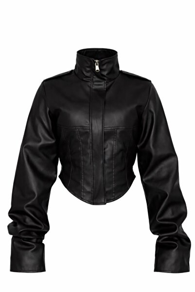 gm giyimarket Women's New Season Corset Detailed Cropped Leather Jacket