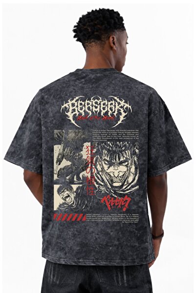 SEVBANO Tasarım Berserk Guts Anime Baskılı Unisex Oversize Eskitme Yıkamalı T...