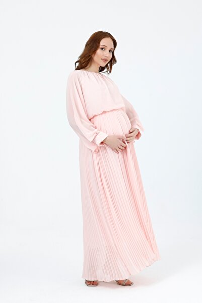 KATLİN MATERNİTY WEAR Maternity Pleated Chiffon Dress, Elastic Waist, Lined I...