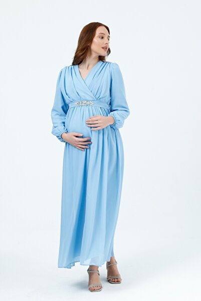 KATLİN MATERNİTY WEAR Maternity a Lined Chiffon Dress, Waist Stone Detailed K...
