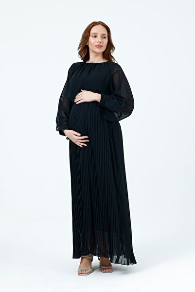 KATLİN MATERNİTY WEAR Maternity Pleated Chiffon Dress, Elastic Waist, Lined I...
