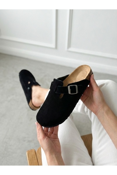 Mycorni Unisex Black Genuine Leather Suede Closed Sabo Slipper - Natural Cork...