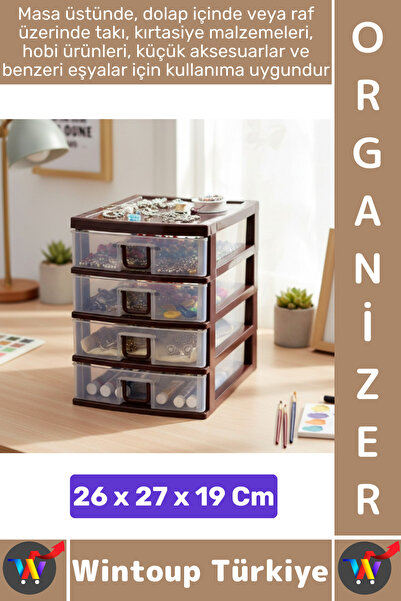 özgürce Dayanıklı Plastik Takı Organizer, Masa Üstü 4 Çekmeceli Mini Dolap