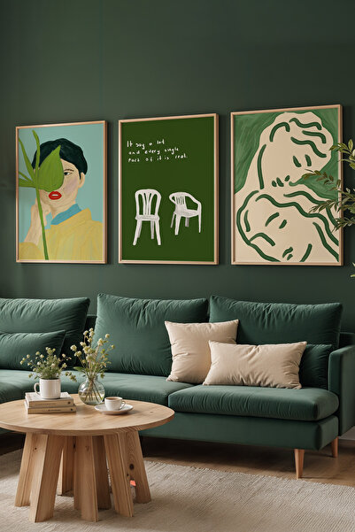 ArtDropsco 3’lü Modern Sanatsal Poster Tablo Seti Yeşil Tonlu Duvar Dekoru Çe...