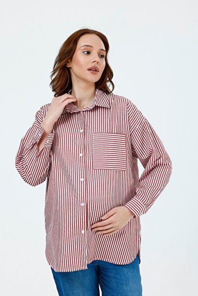 KATLİN MATERNİTY WEAR Maternity Oversized Model Striped Shirt, Single Pockete...