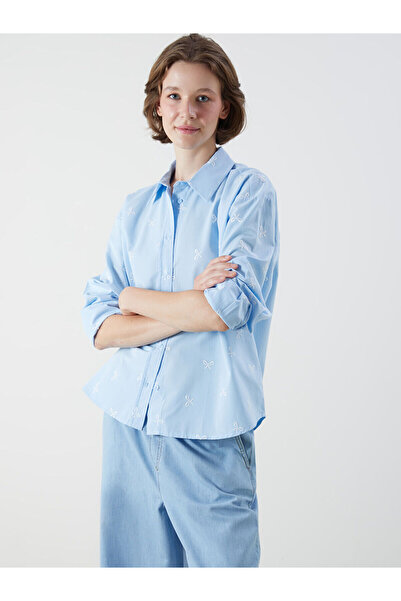 LC Waikiki Ozmarka New Season Bow Embroidered Oversized Poplin Women's Shirt