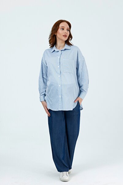 KATLİN MATERNİTY WEAR Maternity Oversized Model Striped Shirt, Single Pockete...