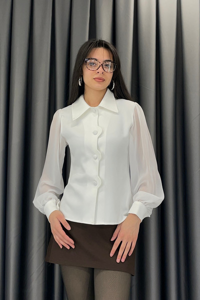 Red Balance Kol Tulle Detailed Coated Buttoned Shirt-Ecru Ekru