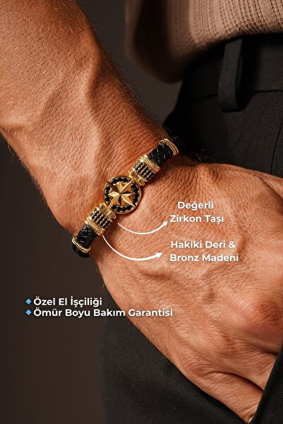 TANSESUAR Pusula Figürlü Zirkon Taşlı Hakiki Deri Bileklik