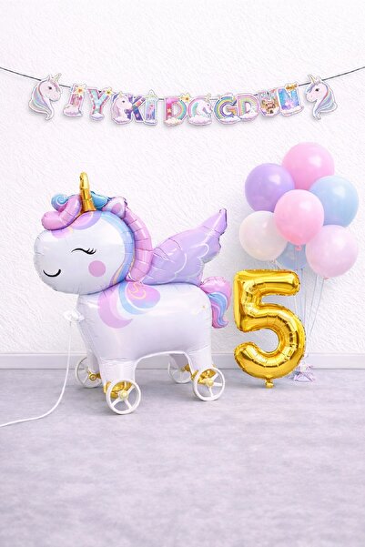 Laviyosa Unicorn Doğum Günü Süsleme Seti Tekerlekli Unicorn Folyo Balon, Gold...