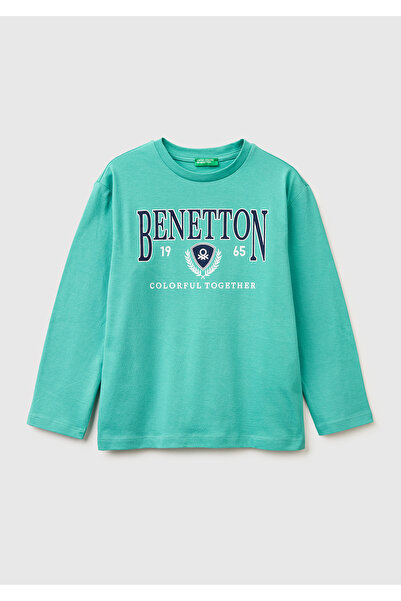 United Colors of Benetton Момчешка синьо-зелена тениска с дълъг ръкав и лого ...