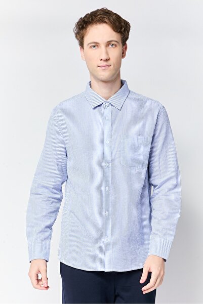 Nautica قميص رجالي كاجوال مخطط بأكمام طويلة بقصّة عادية، أزرق فاتح