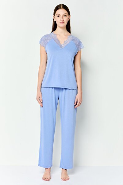 Forever 21 Women 2 Pieces Sleepwear Pyjama Top and Pants Set, Blue