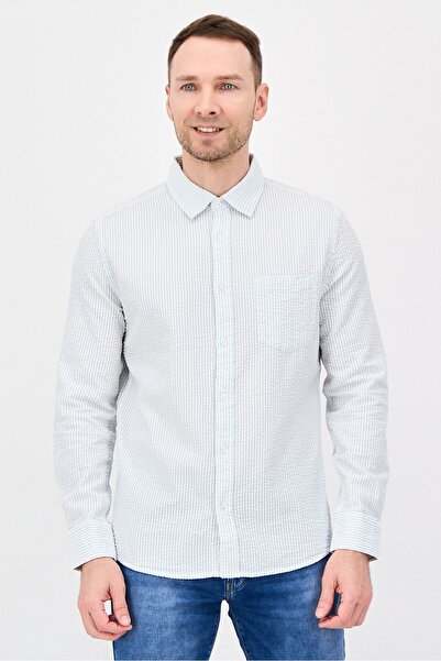 Aeropostale Men Relaxed Fit Stripe Long Sleeve Casual Shirt, Ice Blue