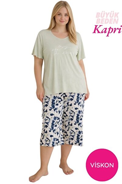 bie's Plus Size Buttonless Viscose Short Sleeve Wide Leg Capri Pajama Set-Wid...