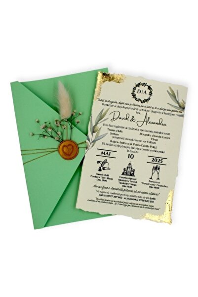 Fabricacucadouri Pachet 50 Invitație Nuntă cu Plic Verde Mentă, Foită Aurie ș...