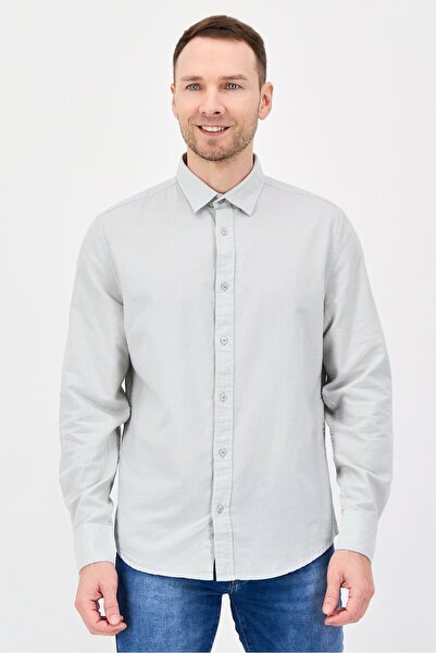 Nautica Jeans Men Regular Fit Long Sleeve Plain Casual Shirt, Light Grey