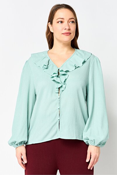 London Fog Women V-Neck Long Sleeve Textured Blouse, Mint Green