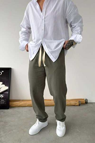 HAFKAGİYİM Kaki široke Lan pantalone