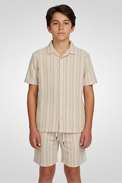 Nautica Jeans Kids Boy 2 Pieces Yarn Dyed Casual Shirt And Shorts Set, Beige