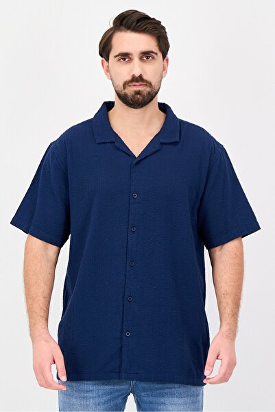 Aeropostale Men Relaxed Fit Textured Short Sleeve Casual Shirt, Navy