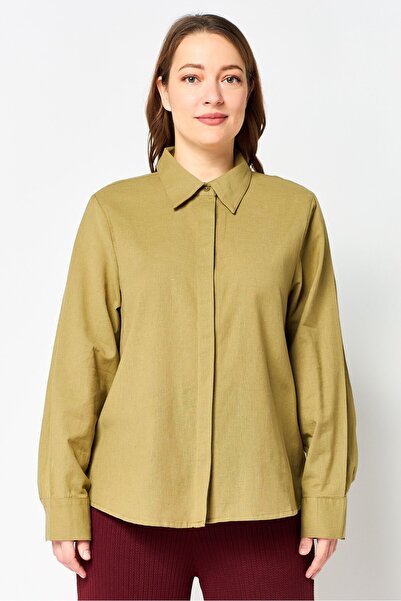 JASON WU Women Spread Collar Long Sleeves Plain Shirt, Olive