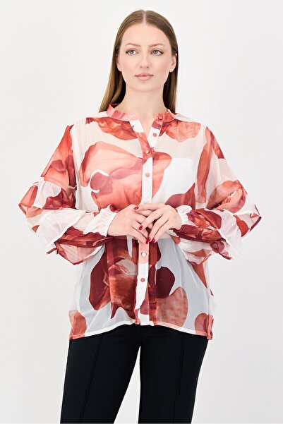 JASON WU Women Band Collar Long Sleeve Graphic Print Shirt, Multicolor