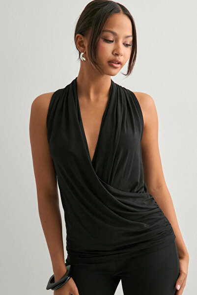 ecemore Double-Breasted Yaka Ruched Stretchy Sandy Blouse