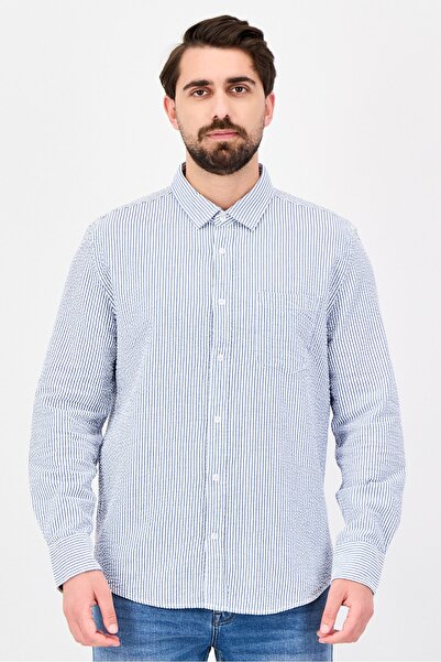 Aeropostale Men Relaxed Fit Stripe Long Sleeve Casual Shirt, Blue