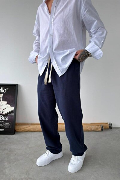 HAFKAGİYİM Mornarsko plave široke Lan pantalone