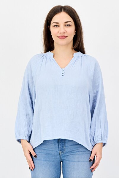 Material Girl Women V Neck Solid Long Sleeve Blouse, Light Blue