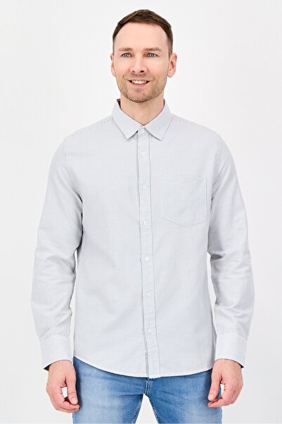 Nautica Men Regular Fit Stripe Long Sleeve Casual Shirt, Light Grey